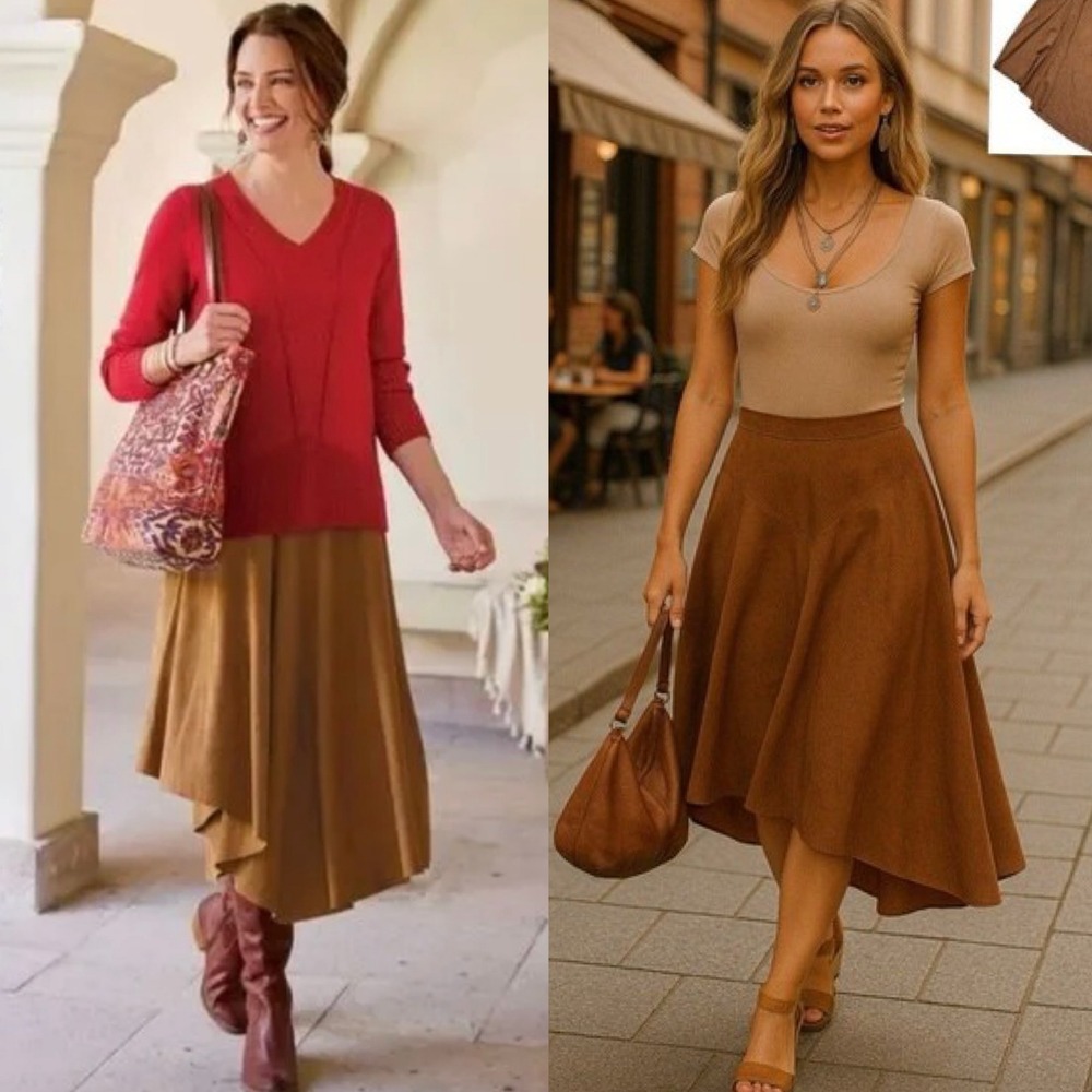 Soft Surroundings Inverness Faux-Suede‎ Asymmetric Skirt Saddle Brown M Western